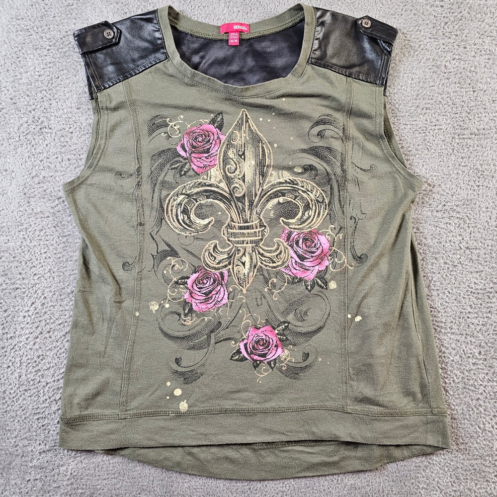 Bongo Y2K Olive Green Fleur De Lis Rose Graphic Top Faux Leather Trim Medium